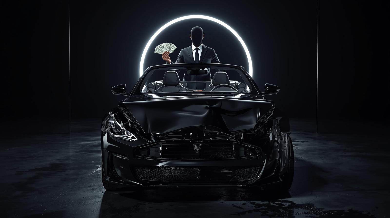 سيارة فاخرة سوداء مصدومة مع مشتري يحمل المال